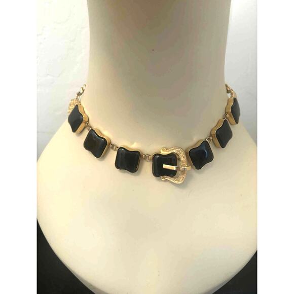 Vintage 80s Gold & Black Belt Buckle Choker Necklace Statement Adjustable Runway - Picture 1 of 5